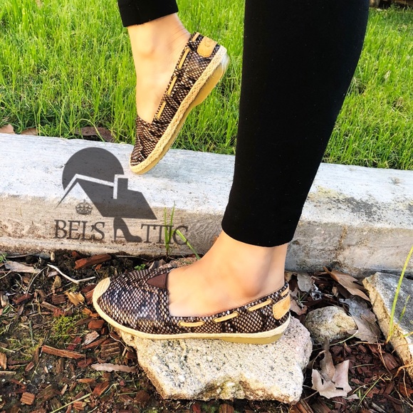 Shoes - Brown Snake Print and Scale Espadrille Boat Loafer